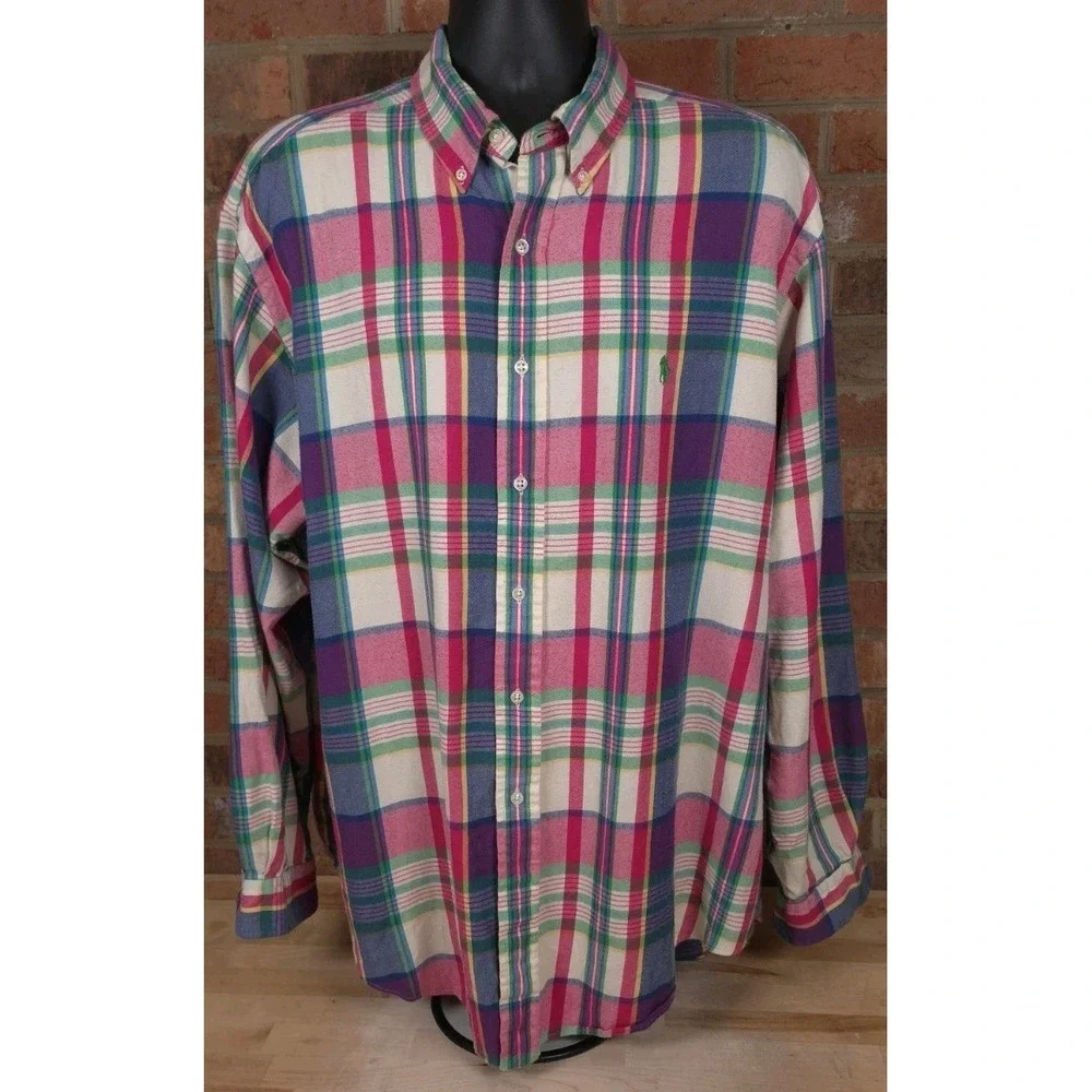 Polo Ralph Lauren Performance Shirt XL Long Sleeve Classic Fit Pink Blue Plaid